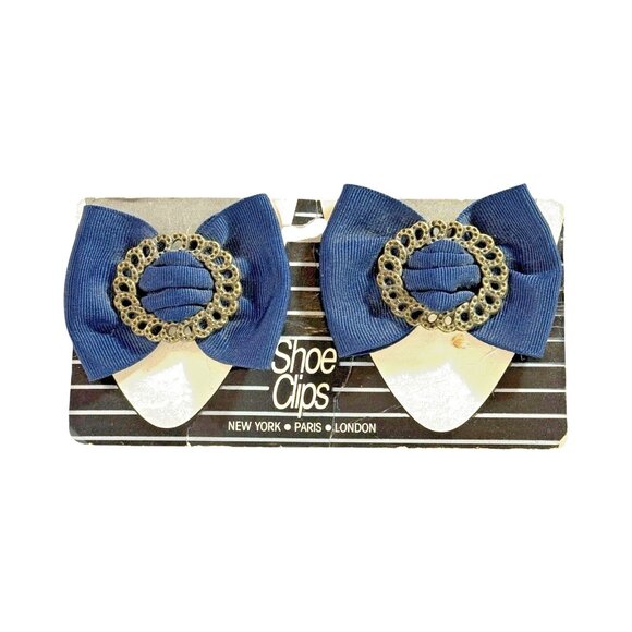 Vintage Shoe Clips Bows 2.25” Navy Blue Ribbon Brass Tone Metal Ring Set Of 2 - Picture 1 of 14